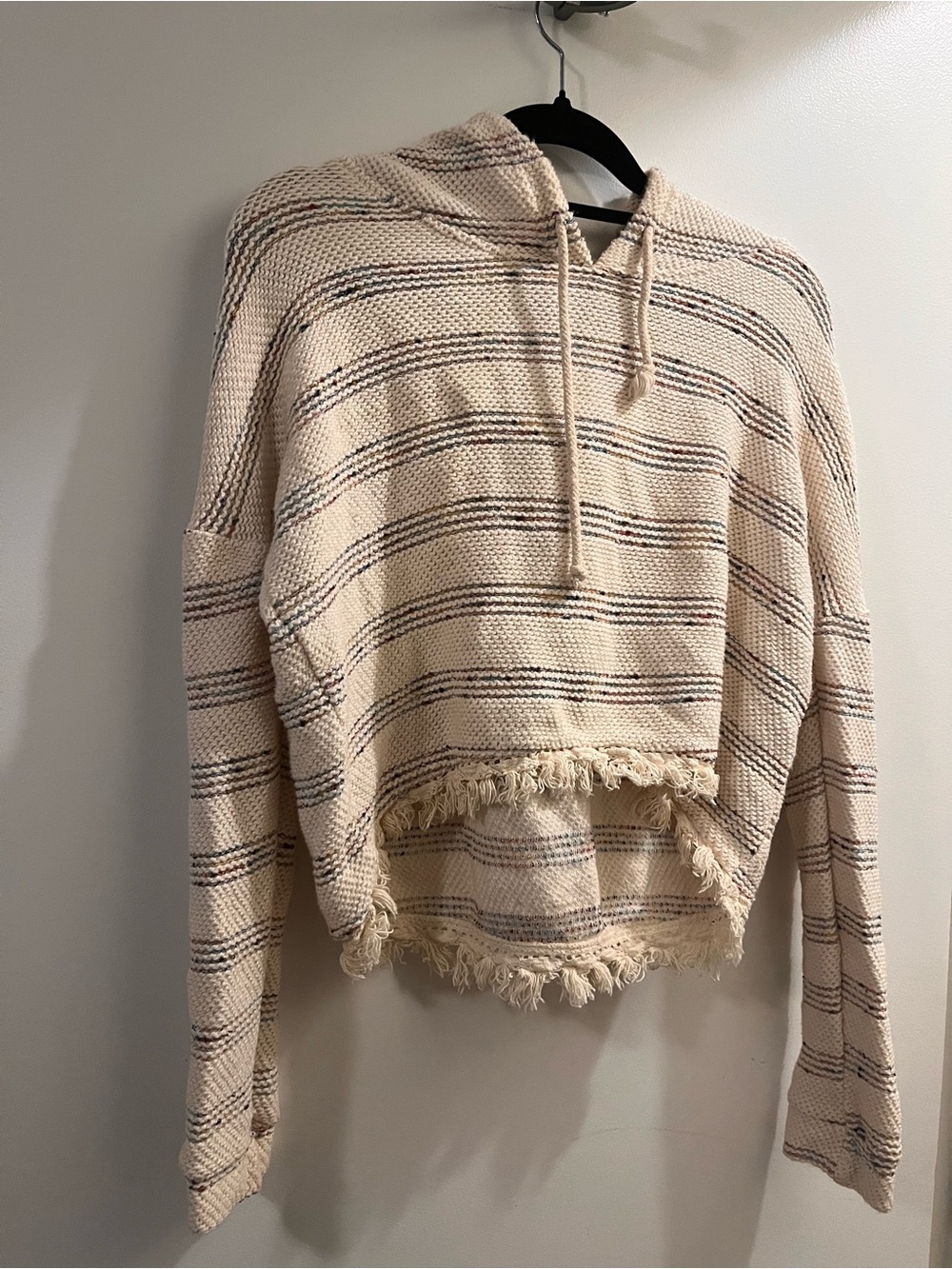 Cream Striped Hooded Fringe Pullover Sweater